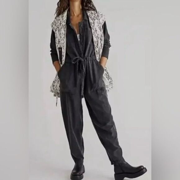 Free People Quinn Coverall Jumpsuit Black Cotton Wide Leg Boho Urban Casual - Picture 2 of 16
